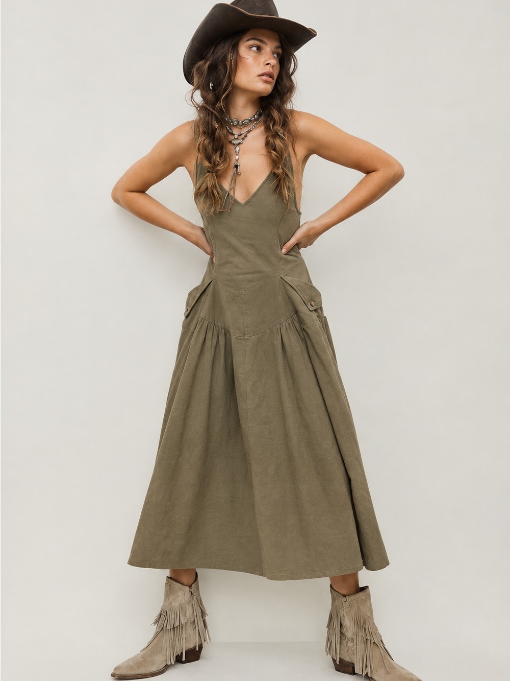 Free People Soledad Midi Dress (Khaki Green)